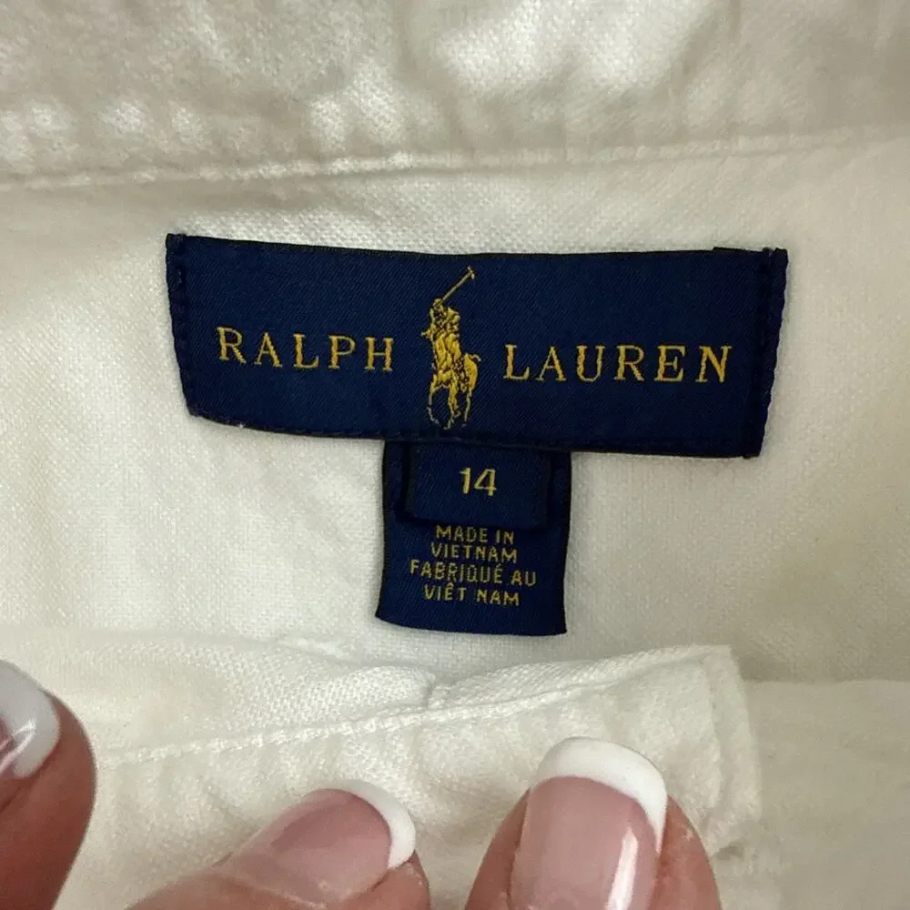 Ralph Lauren Boys 14 White Solid Long Sleeve Button Down Shirt
